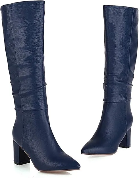 NEW Caradise Womens High Chunky Heel Knee High Slouch Pointed Toe Boots, Blue, Sz 8.5, Retails $65