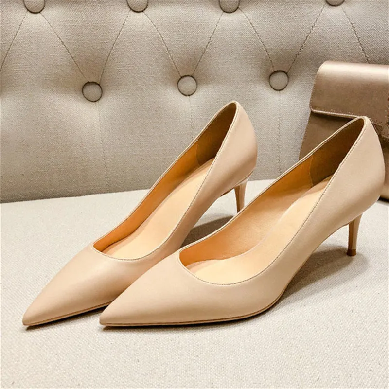 New Elegant Classic Nude Genuine Leather Thin Heel High Heels