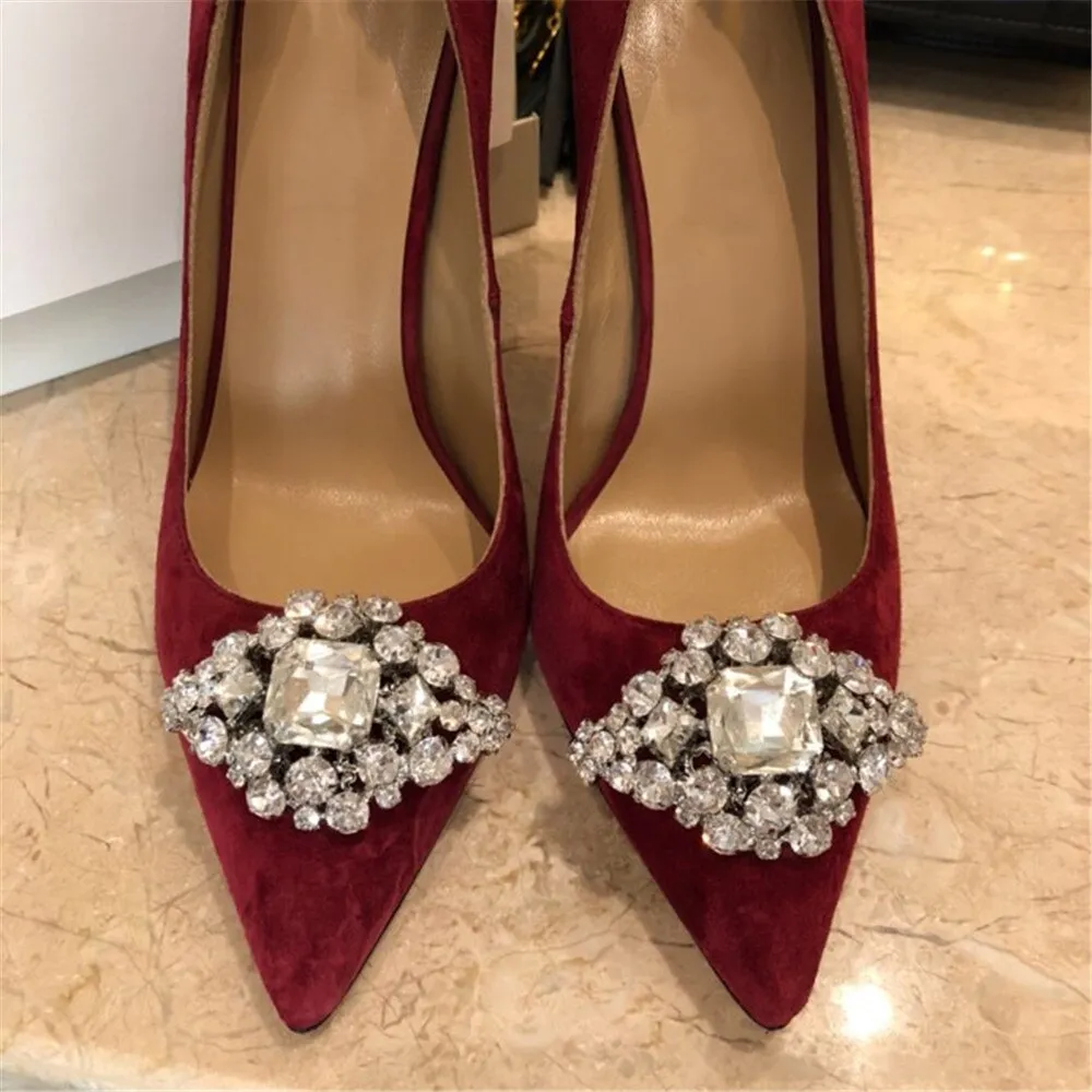 New Spring/Autumn Mature Women's Heels Bling Diamond-bordered Flock Ladies Shoes Genuine Leather Slip-on Shallow Thin Heels