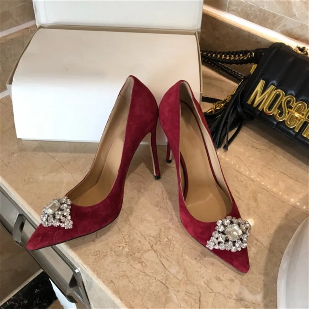 New Spring/Autumn Mature Women's Heels Bling Diamond-bordered Flock Ladies Shoes Genuine Leather Slip-on Shallow Thin Heels