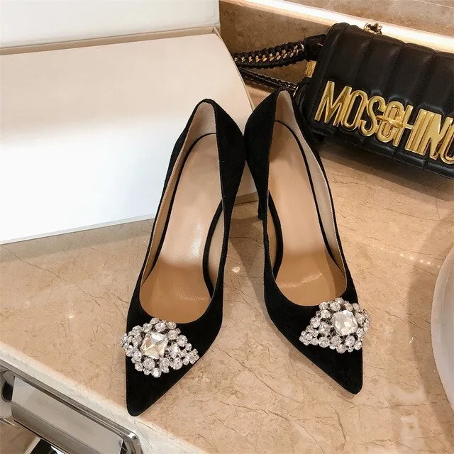 New Spring/Autumn Mature Women's Heels Bling Diamond-bordered Flock Ladies Shoes Genuine Leather Slip-on Shallow Thin Heels