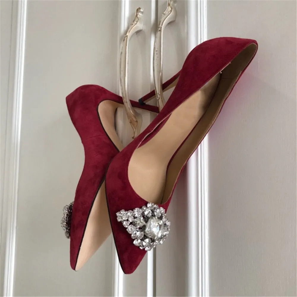 New Spring/Autumn Mature Women's Heels Bling Diamond-bordered Flock Ladies Shoes Genuine Leather Slip-on Shallow Thin Heels