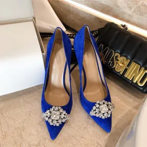 New Spring/Autumn Mature Women's Heels Bling Diamond-bordered Flock Ladies Shoes Genuine Leather Slip-on Shallow Thin Heels