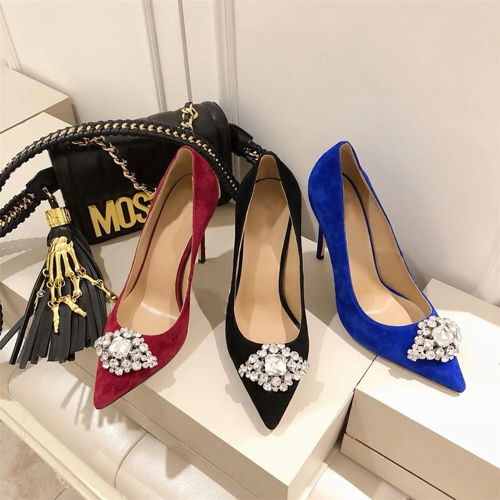 New Spring/Autumn Mature Women's Heels Bling Diamond-bordered Flock Ladies Shoes Genuine Leather Slip-on Shallow Thin Heels