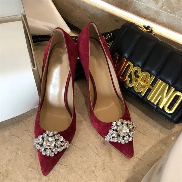 New Spring/Autumn Mature Women's Heels Bling Diamond-bordered Flock Ladies Shoes Genuine Leather Slip-on Shallow Thin Heels