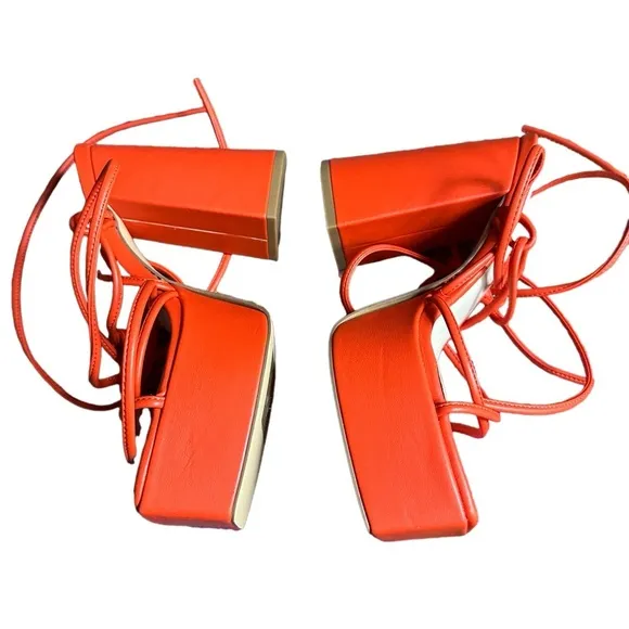 NEW Urban Outfitters Orange Polly Lace Up Platform Heels Size 8