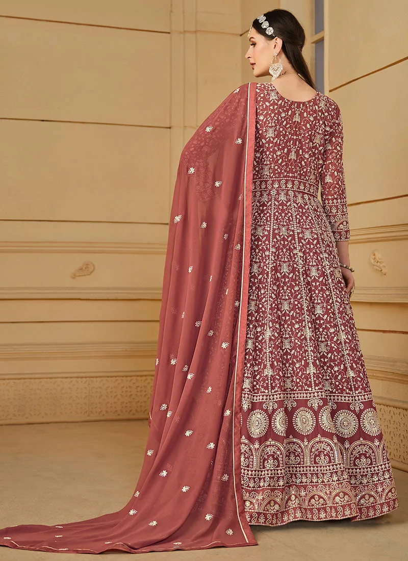 Pale Red Thread Embroidery Georgette Anarkali Suit