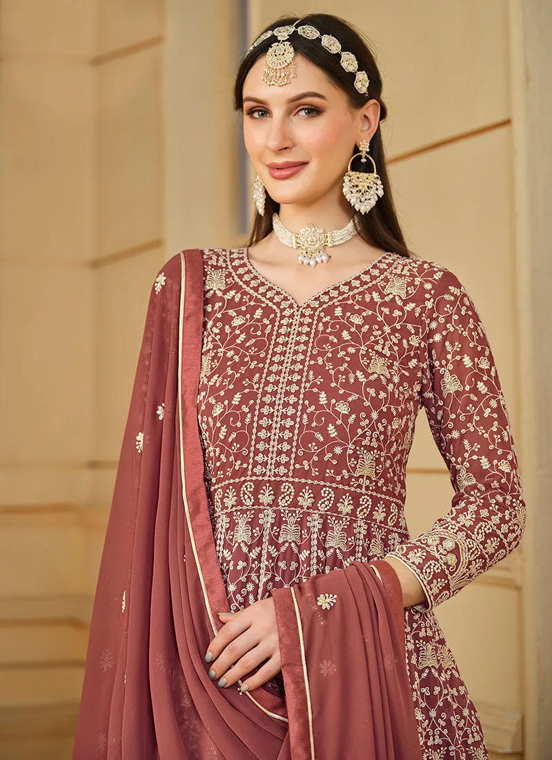 Pale Red Thread Embroidery Georgette Anarkali Suit