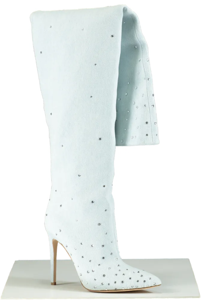 Paris Texas Light Blue Crystal Embellished Denim Knee-High Boots UK 6