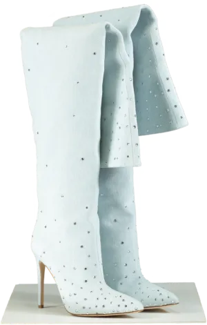 Paris Texas Light Blue Crystal Embellished Denim Knee-High Boots UK 6