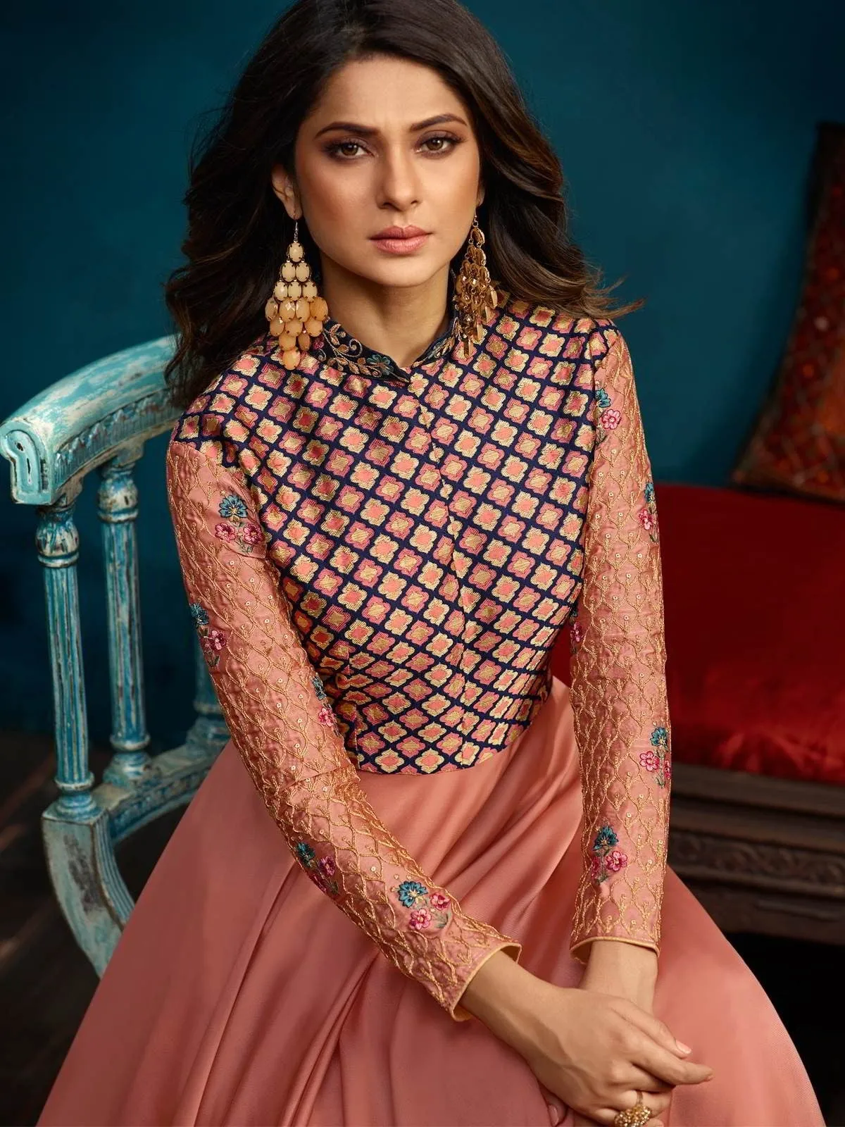 Peach All Over Minimalist Embroidered Anarkali