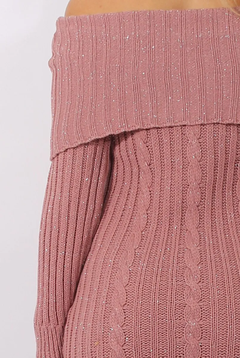 Pink Sparkle Knit Bardot Jumper Dress - Kasey