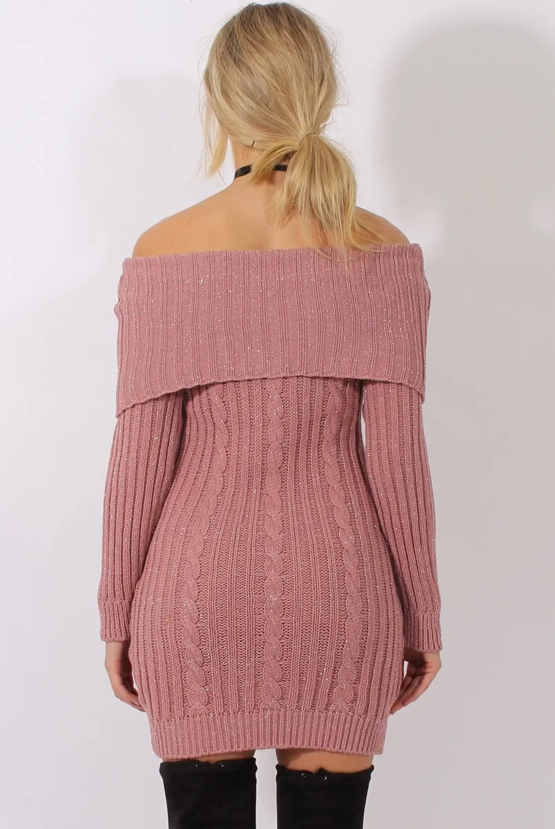 Pink Sparkle Knit Bardot Jumper Dress - Kasey
