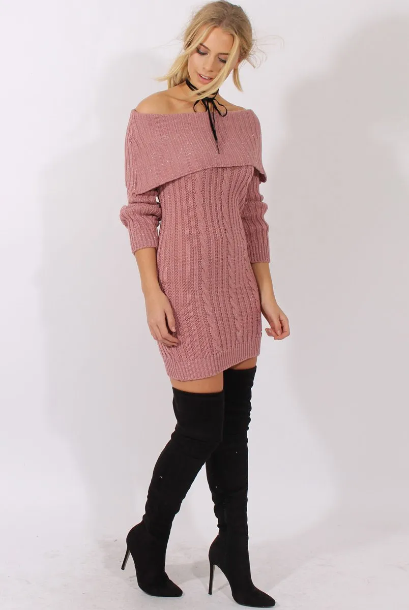 Pink Sparkle Knit Bardot Jumper Dress - Kasey