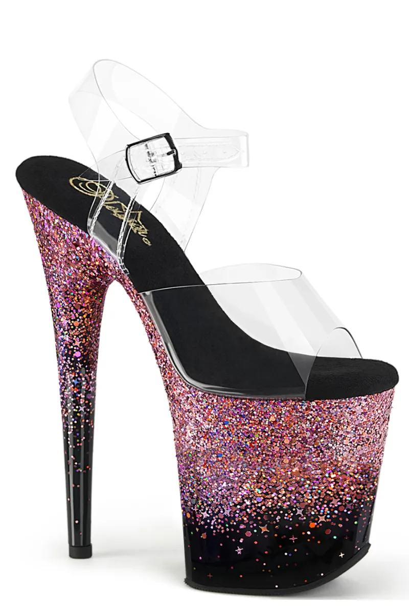 Pleaser USA Flamingo-808SS 8inch Pleaser Stilettos - Black/Pink Glitter