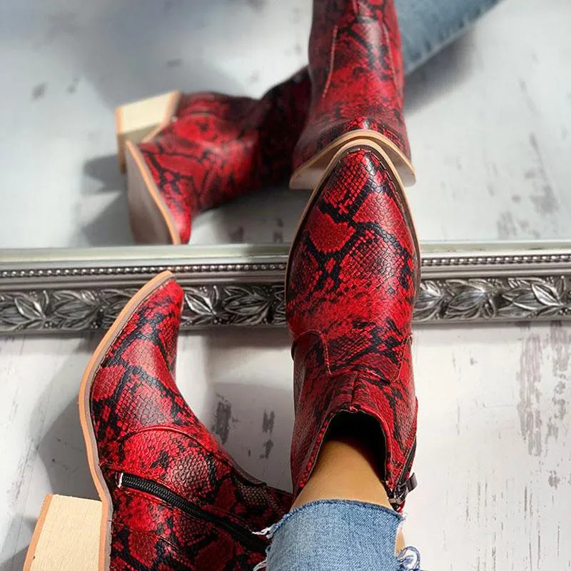 Pointed Toe Snakeskin Zipper Design Chunky Heeled PU Boots