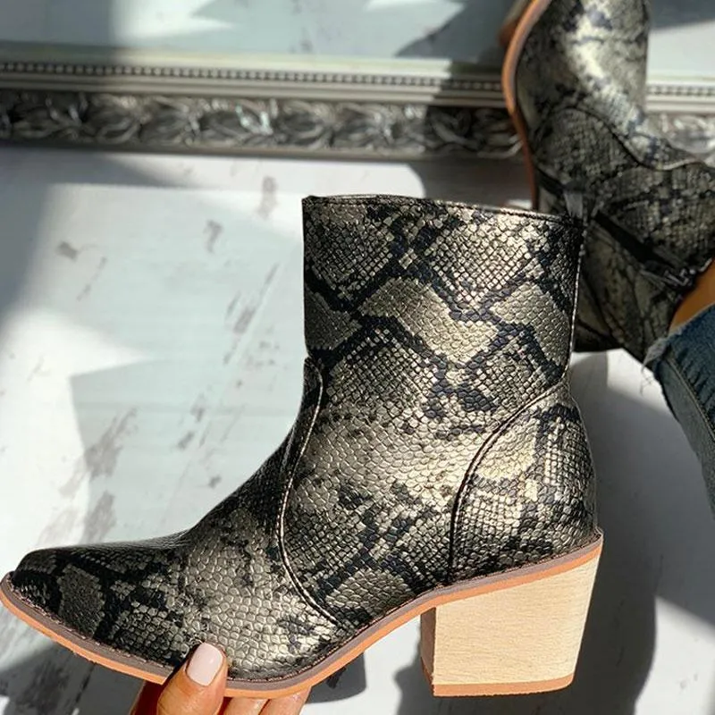 Pointed Toe Snakeskin Zipper Design Chunky Heeled PU Boots