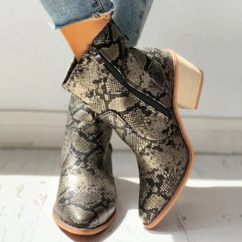 Pointed Toe Snakeskin Zipper Design Chunky Heeled PU Boots