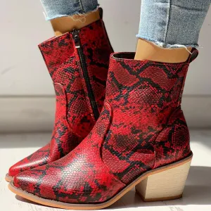 Pointed Toe Snakeskin Zipper Design Chunky Heeled PU Boots