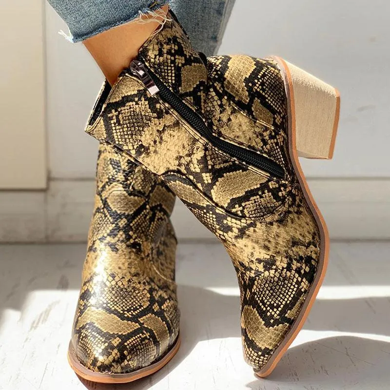 Pointed Toe Snakeskin Zipper Design Chunky Heeled PU Boots