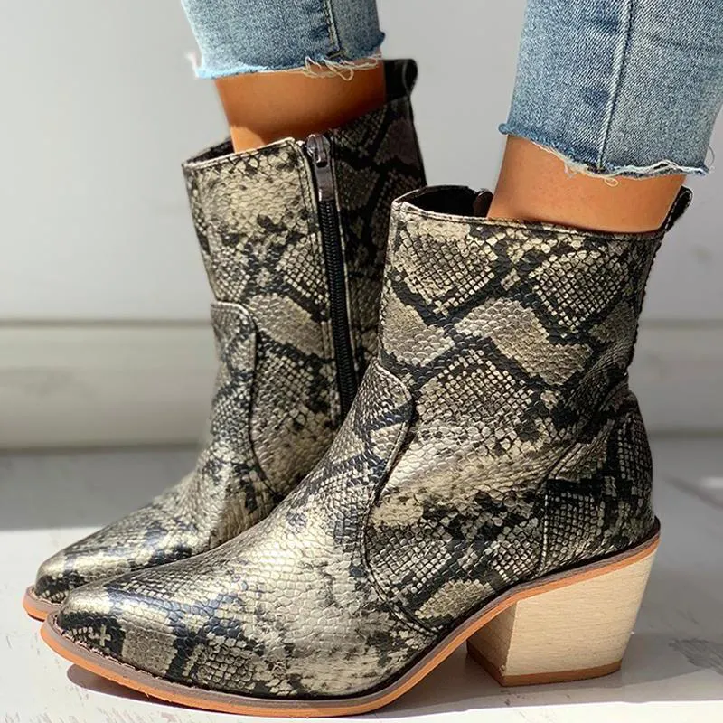 Pointed Toe Snakeskin Zipper Design Chunky Heeled PU Boots