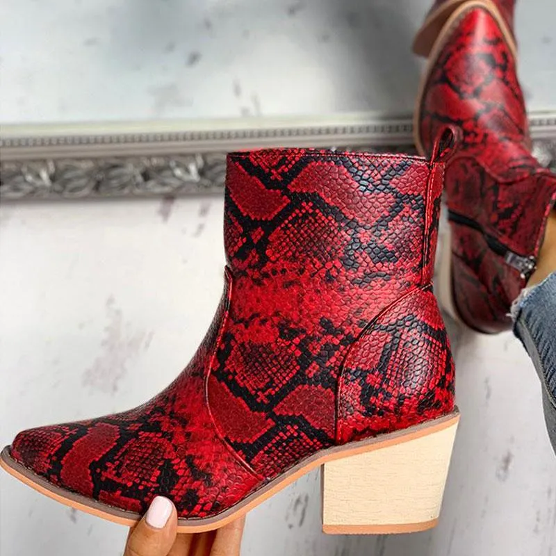 Pointed Toe Snakeskin Zipper Design Chunky Heeled PU Boots