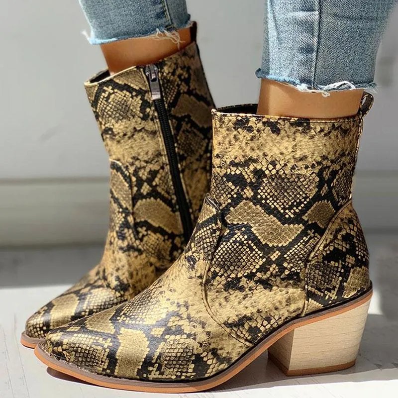 Pointed Toe Snakeskin Zipper Design Chunky Heeled PU Boots