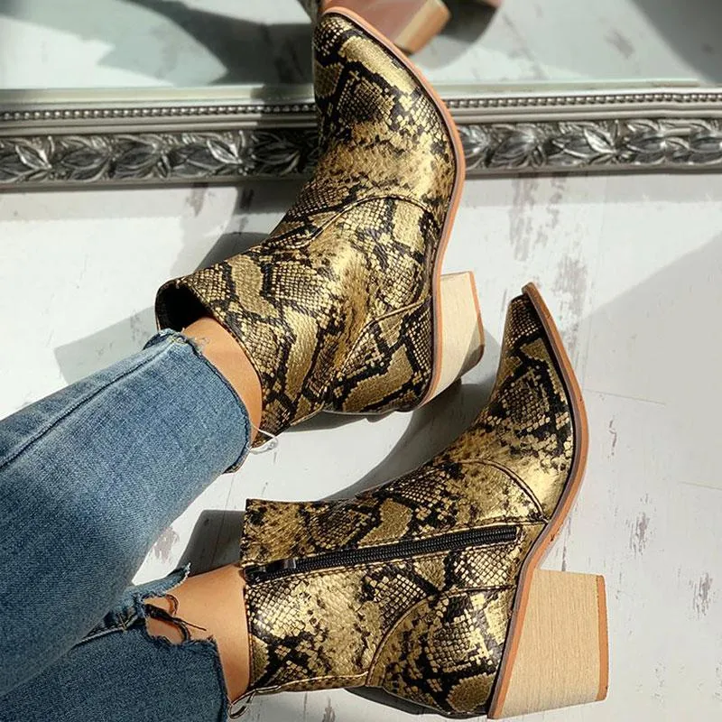 Pointed Toe Snakeskin Zipper Design Chunky Heeled PU Boots