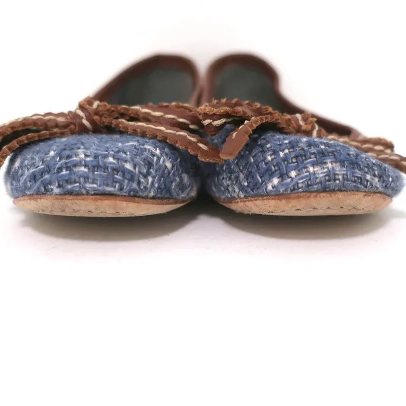 Prada Tweed Ballet Flats with Leather Bow Blue/Brown Size 37