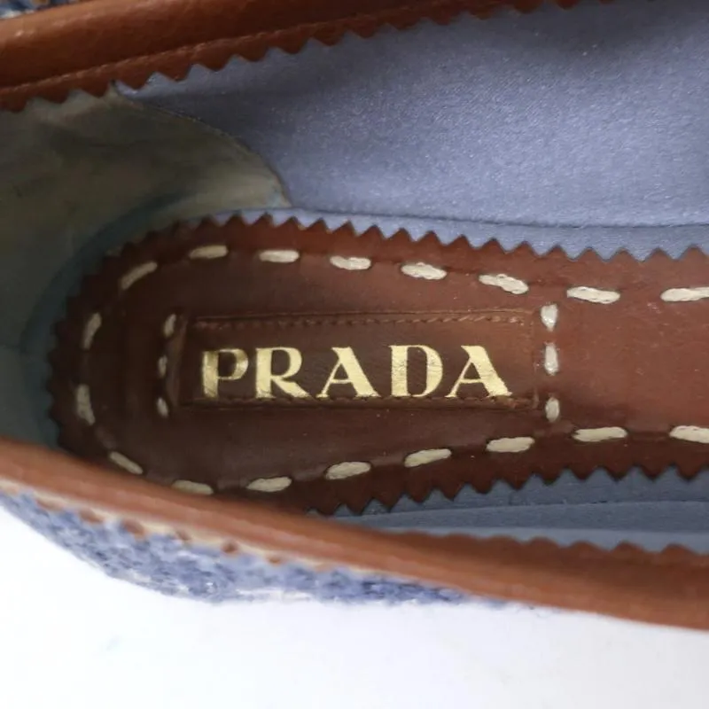 Prada Tweed Ballet Flats with Leather Bow Blue/Brown Size 37