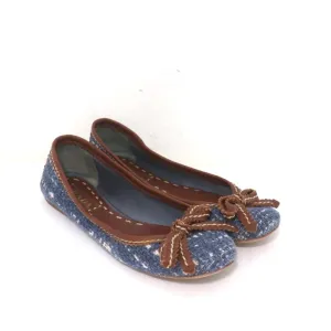 Prada Tweed Ballet Flats with Leather Bow Blue/Brown Size 37