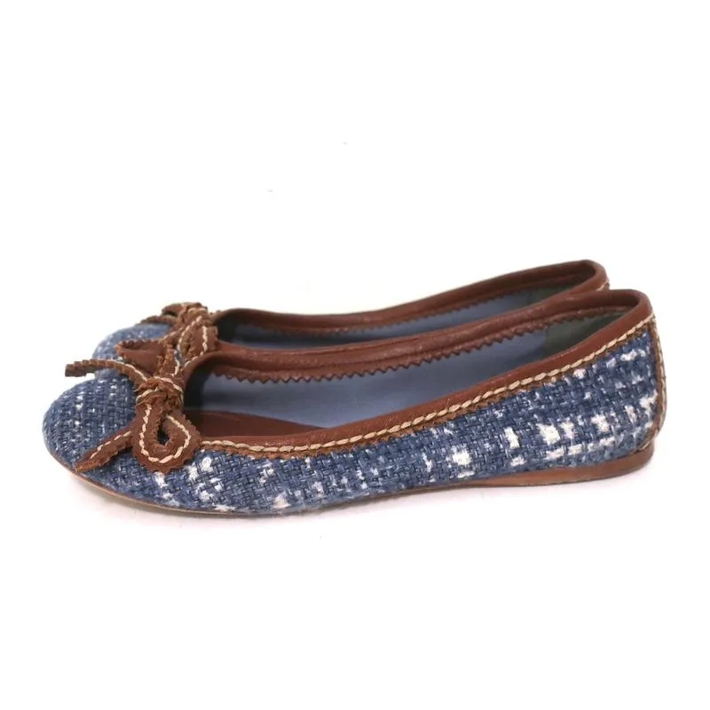 Prada Tweed Ballet Flats with Leather Bow Blue/Brown Size 37