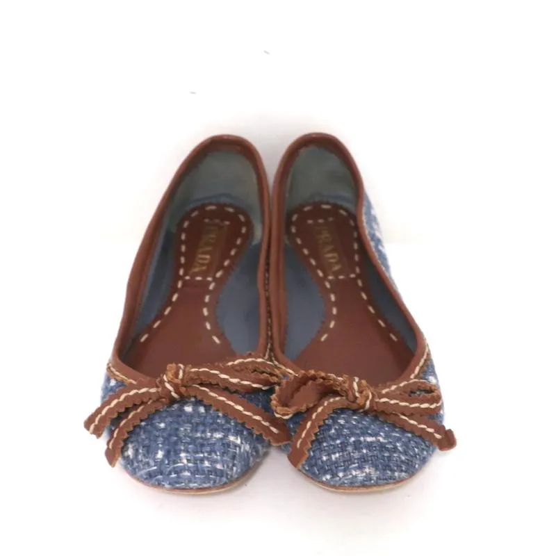 Prada Tweed Ballet Flats with Leather Bow Blue/Brown Size 37