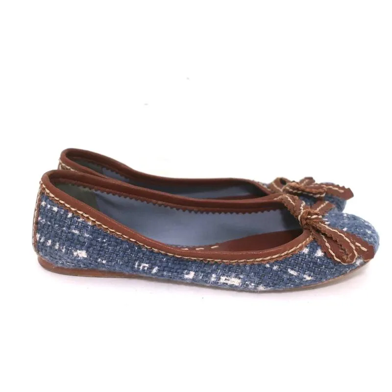 Prada Tweed Ballet Flats with Leather Bow Blue/Brown Size 37