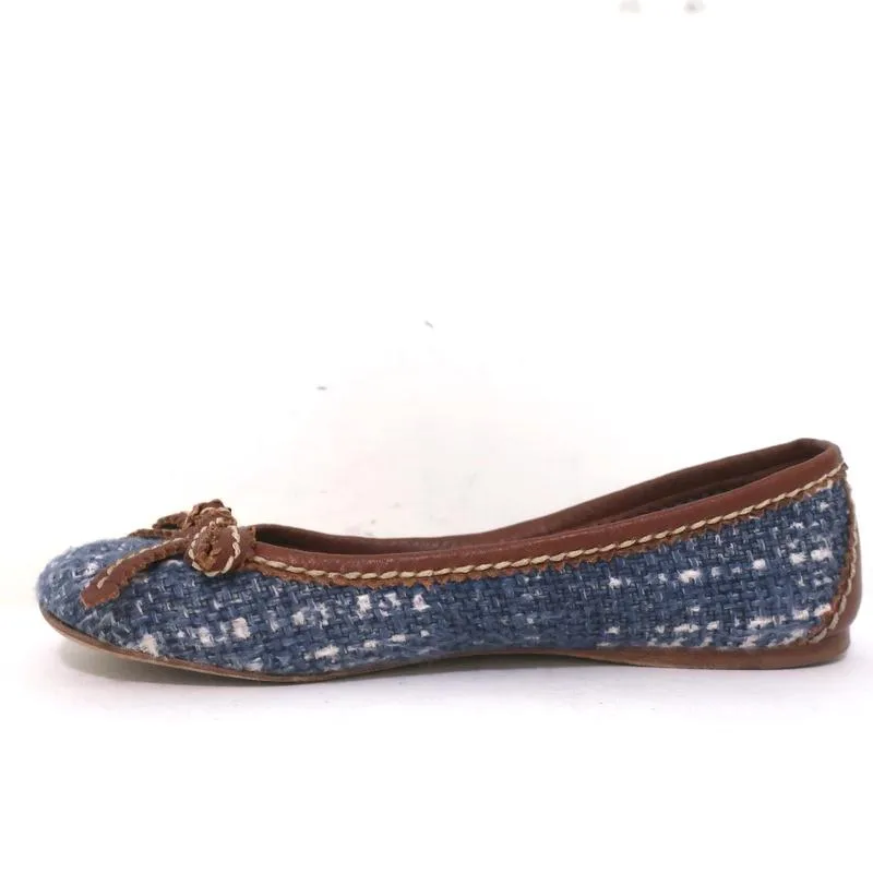 Prada Tweed Ballet Flats with Leather Bow Blue/Brown Size 37