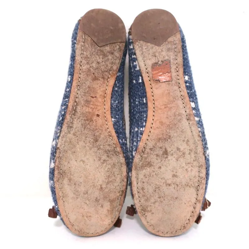 Prada Tweed Ballet Flats with Leather Bow Blue/Brown Size 37