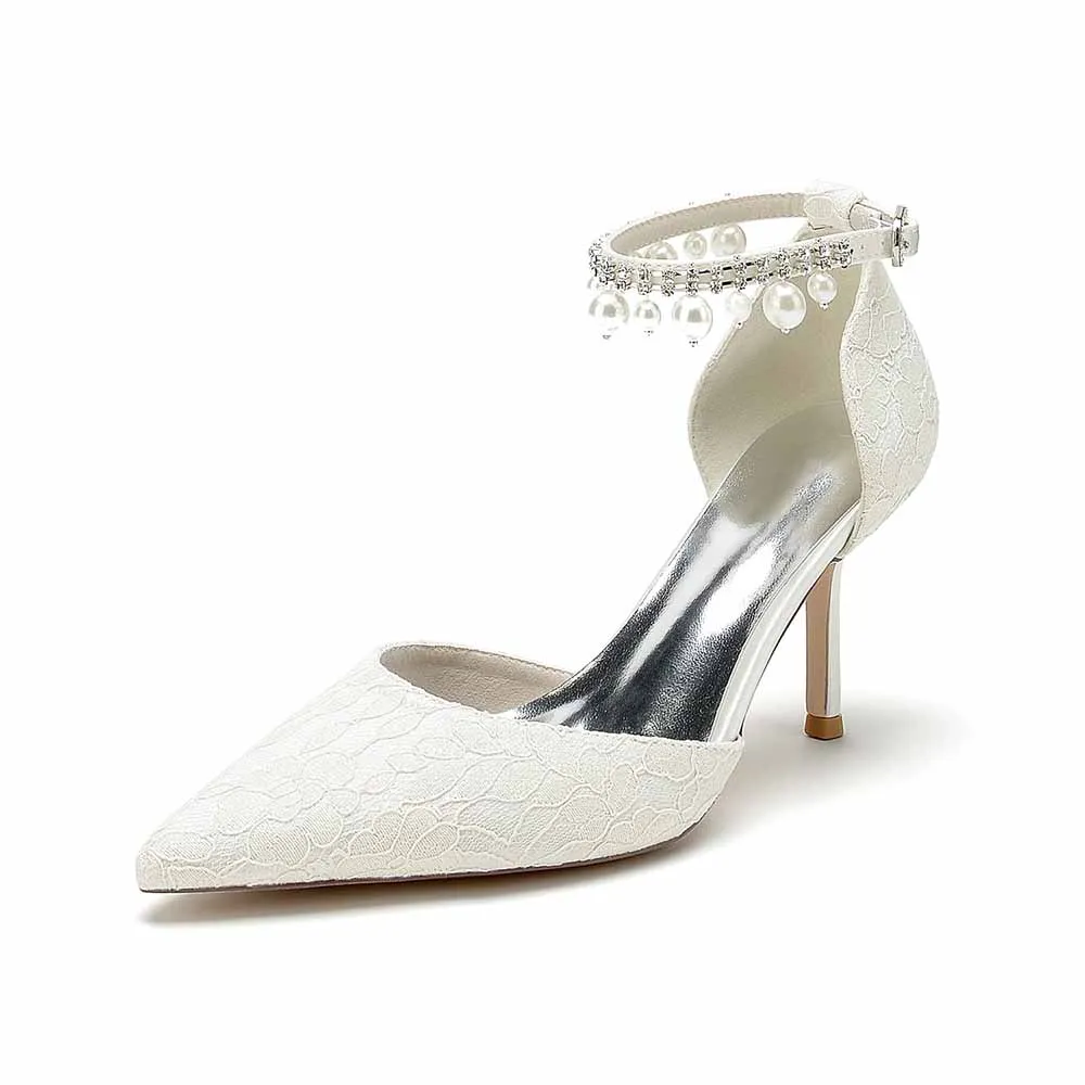 Prom Heels Ankle Strap Pumps With Pearls Lace Party Heels Bride Heel