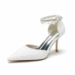 Prom Heels Ankle Strap Pumps With Pearls Lace Party Heels Bride Heel