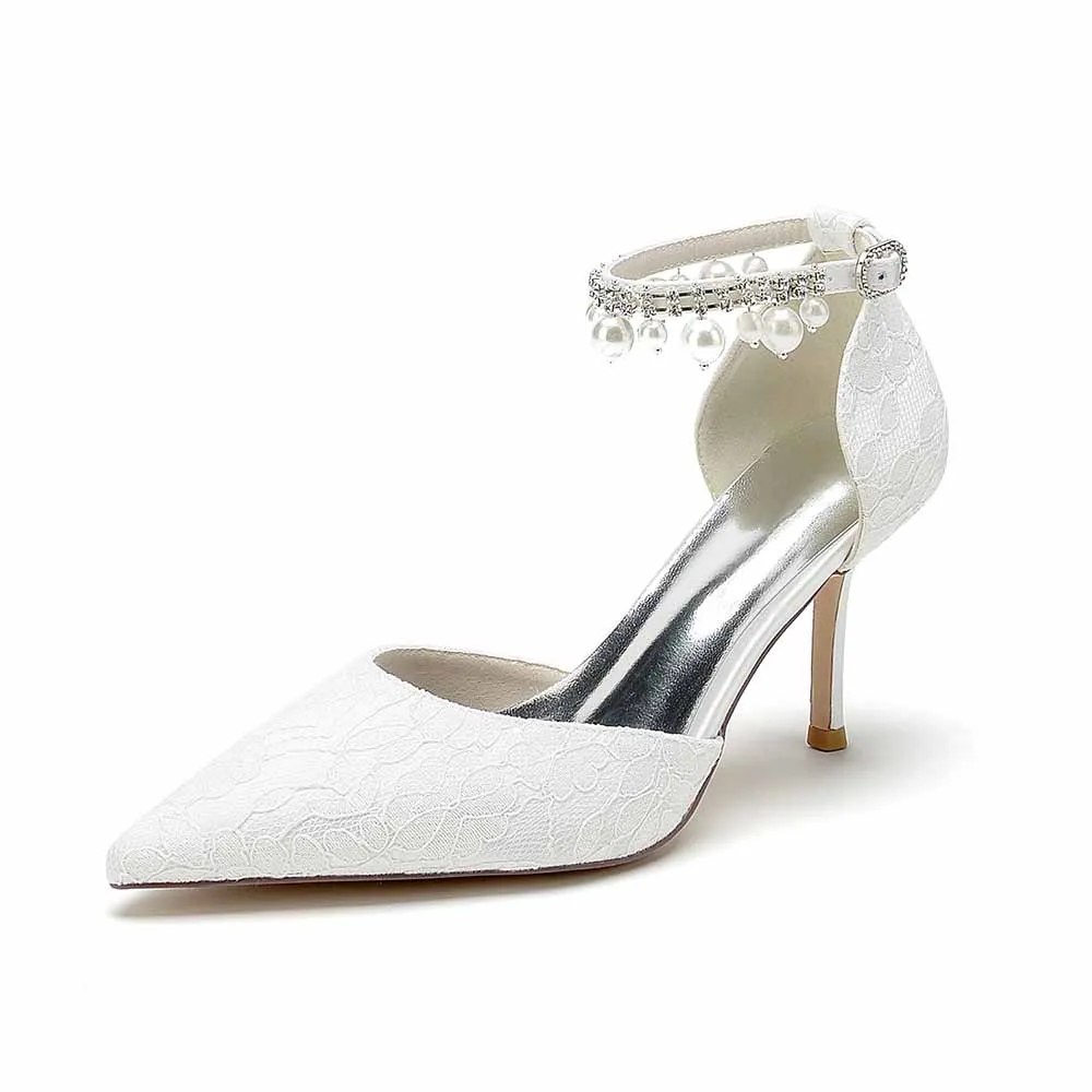 Prom Heels Ankle Strap Pumps With Pearls Lace Party Heels Bride Heel