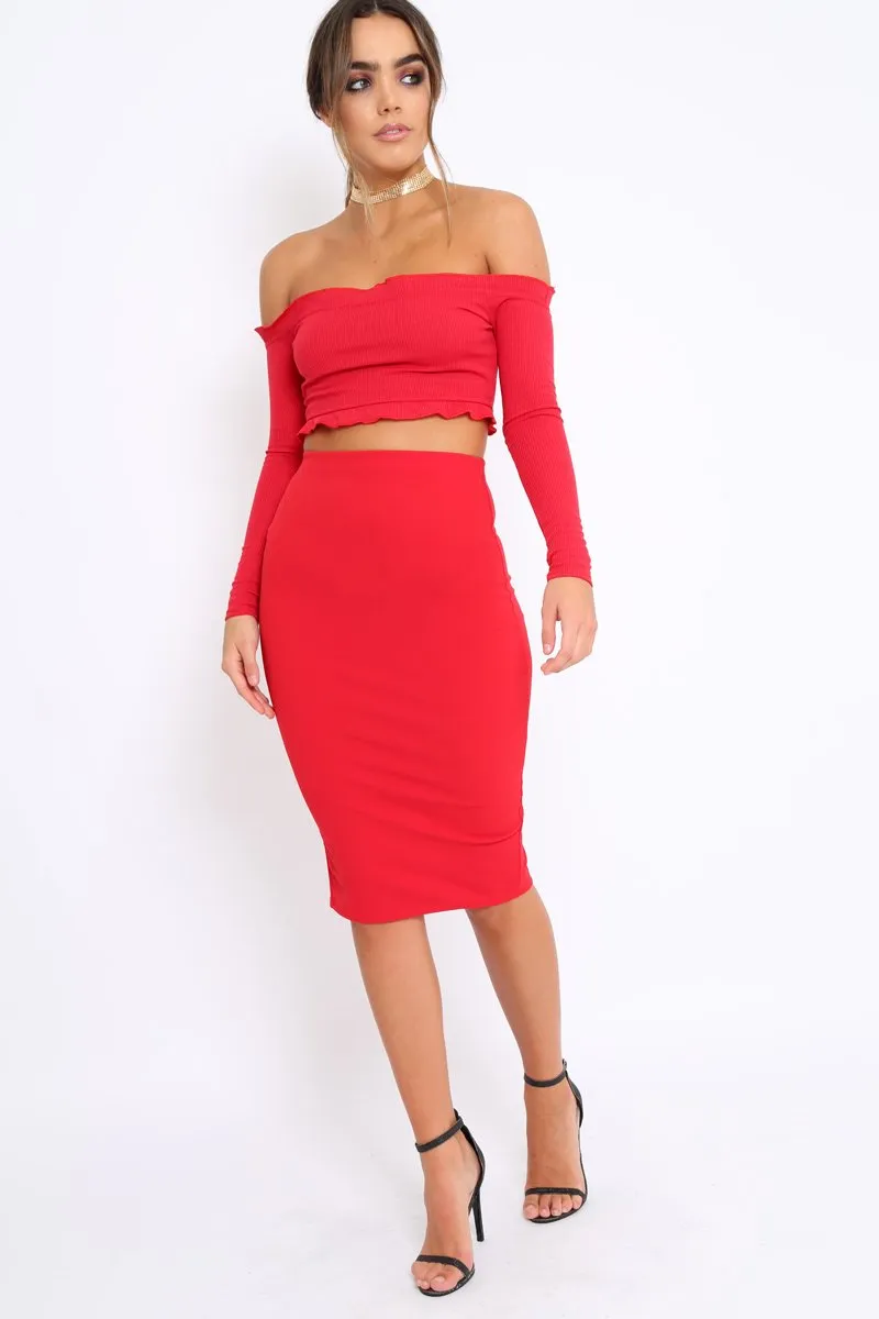 Red Ribbed Frill Bardot Crop Top - Cassidy