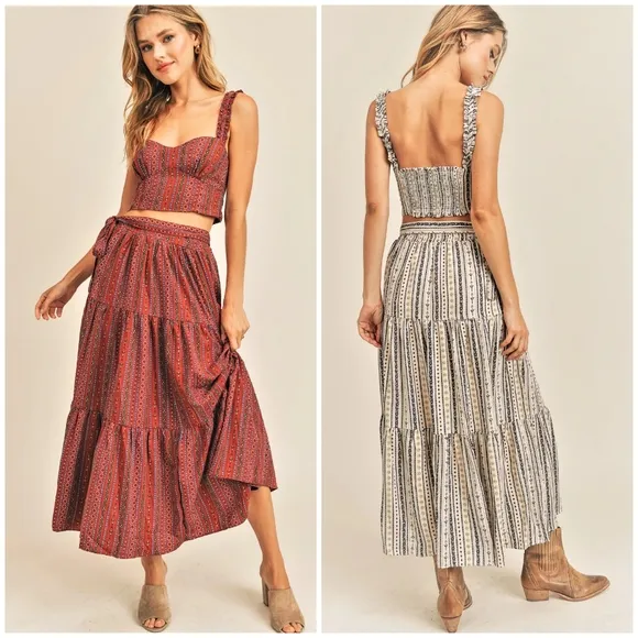 RESET by Jane Aspyn Boho Chic Ivory 2-Piece Tiered Maxi Skirt Set