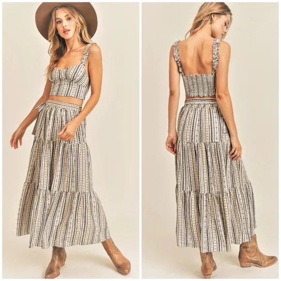 RESET by Jane Aspyn Boho Chic Ivory 2-Piece Tiered Maxi Skirt Set