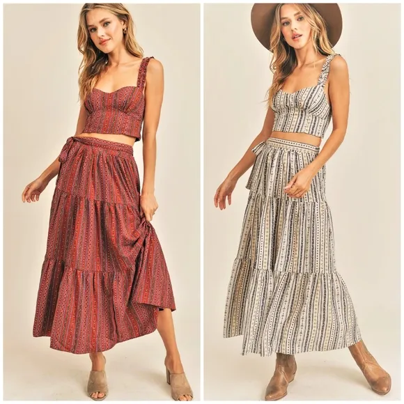 RESET by Jane Aspyn Boho Chic Ivory 2-Piece Tiered Maxi Skirt Set
