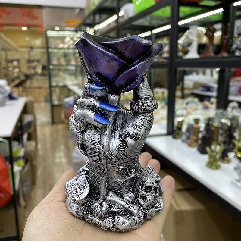 Rose Hand Statue Display With Skull Spider Art Craft Resin Ornament Desktop Sculpture Crystal Ball Base Holder for 4-8cm Sphere