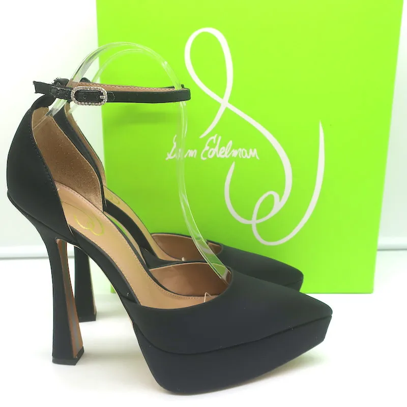 Sam Edelman Andie Platform Pumps Black Satin Size 7.5 Ankle Strap Heels