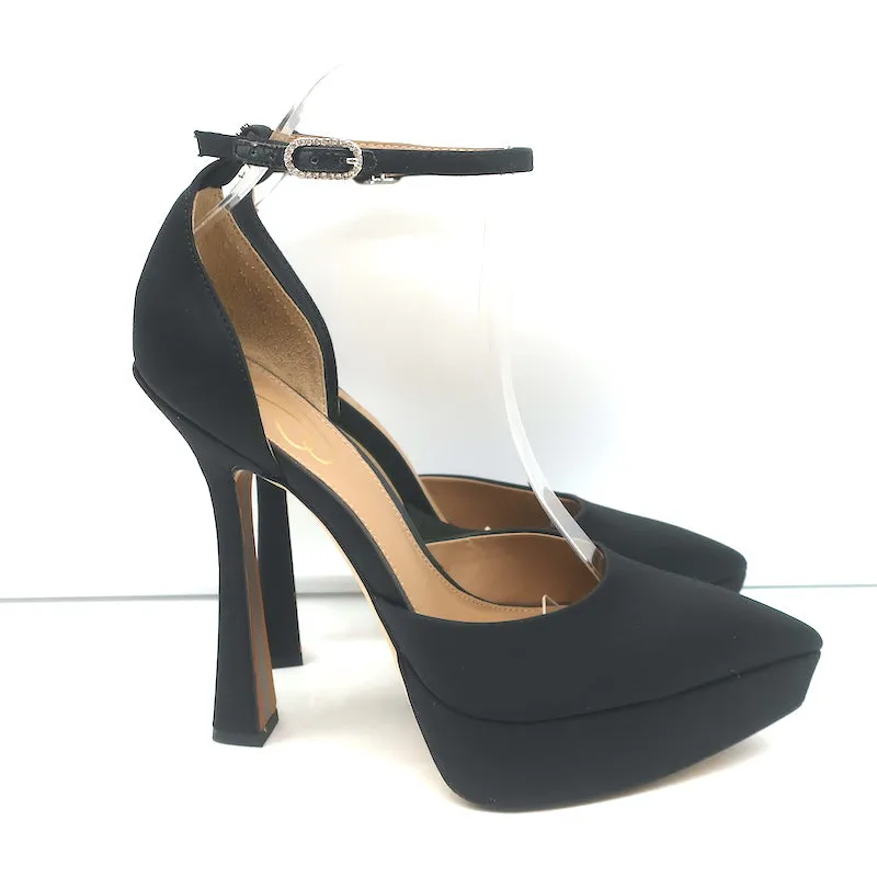Sam Edelman Andie Platform Pumps Black Satin Size 7.5 Ankle Strap Heels