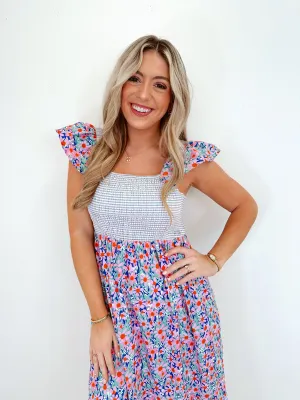 Sarah Smocked Bodice Midi Dress - Blue