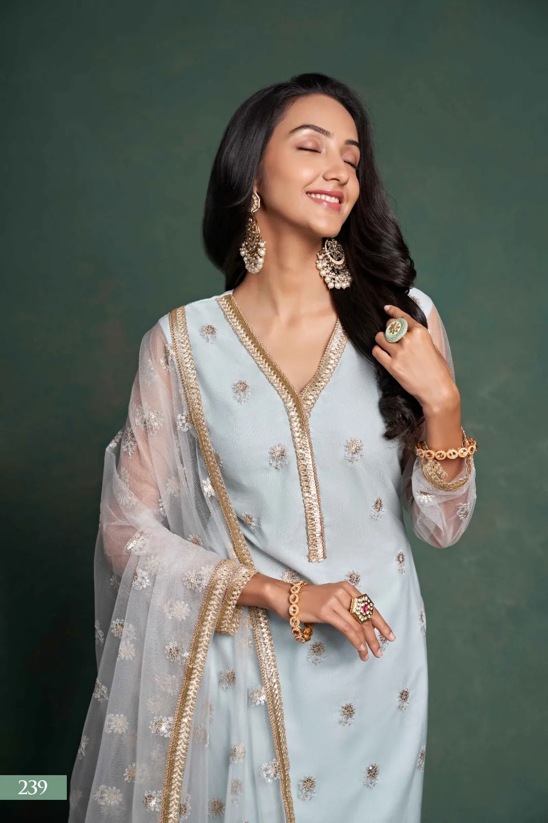 Sequins Suit Set with Embroidery Work in Blue [Semi-Stitched]