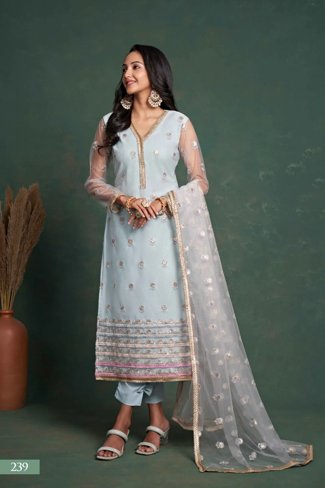 Sequins Suit Set with Embroidery Work in Blue [Semi-Stitched]
