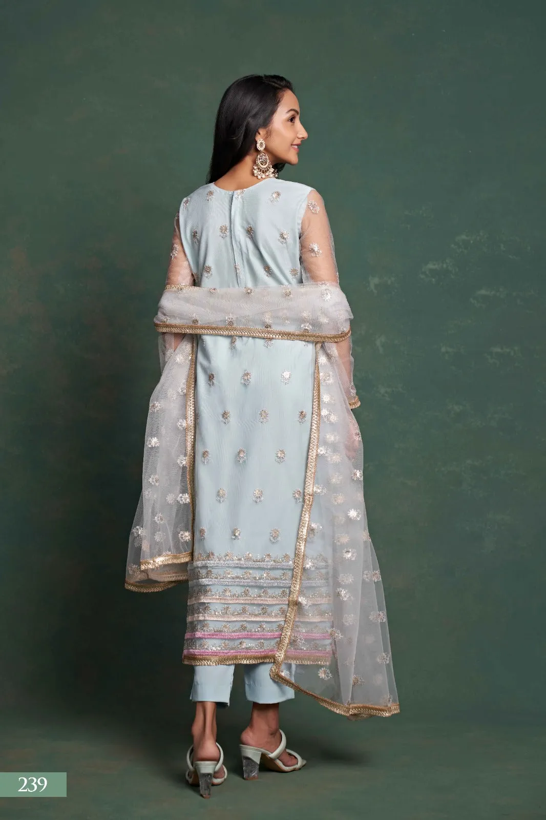 Sequins Suit Set with Embroidery Work in Blue [Semi-Stitched]